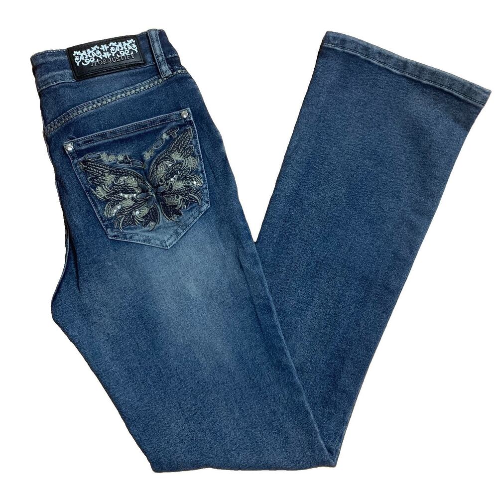 J For Justify Bootcut Jeans Women Size 1 Butterfly Rhinestone Embroidered Y2K